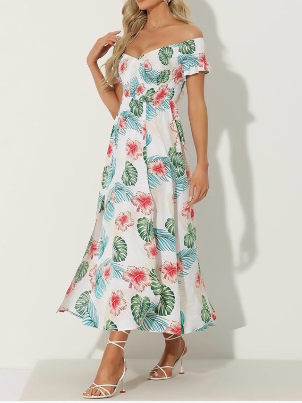 Allegra K Women Off Shoulder V Neck Floral Tropical Maxi Beach Dress, Size S